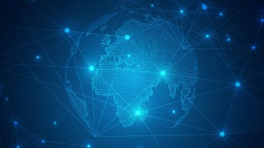 Siyah mavi teknoloji fütüristik arka plan. Soyut vektör. Gün doğumu. Dünya haritası. Küresel sosyal ağ. Dünya gezegeninin mavi fütüristik geçmişi.