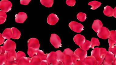 Sevgililer Günü poster tasarımı ve kalpli şablonlar. Kırmızı gül yaprakları soyut çiçek arkaplanına dökülecek. Sevgililer günün kutlu olsun. Kalpli poster tasarımı ve şablonu..