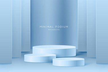 3 boyutlu, 3 basamaklı, gerçekçi, pembe silindir kürsülü bir podyum. Model ürün sergisi için stüdyo ışığı olan podyum duvarı.