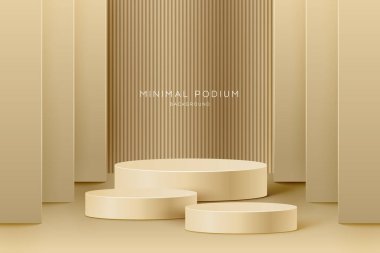 3 boyutlu, 3 basamaklı, gerçekçi, pembe silindir kürsülü bir podyum. Model ürün sergisi için stüdyo ışığı olan podyum duvarı.