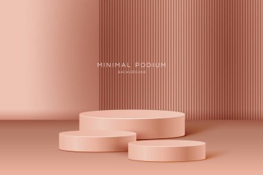 3 boyutlu, 3 basamaklı, gerçekçi, pembe silindir kürsülü bir podyum. Model ürün sergisi için stüdyo ışığı olan podyum duvarı.