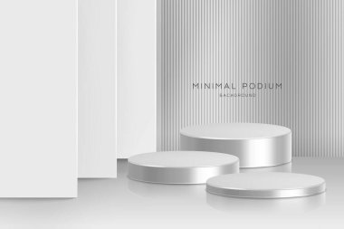 3 boyutlu, 3 basamaklı, gerçekçi, pembe silindir kürsülü bir podyum. Model ürün sergisi için stüdyo ışığı olan podyum duvarı.
