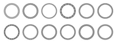 Yuvarlak Yunan anahtar dekoratif klasik sınır çerçeveleri koleksiyonu. Dairesel çerçeve ve basit kıvrımlı desen. Süslü kenar, kesintisiz çizgilerden yapılmış, kusursuz motif şeklinde.. 