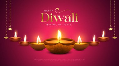 Mutlu bayramlar. Dekoratif diya lambasıyla renkli poster tasarımı festivali. Hint Işık Festivali Mutlu Diwali, Tatil Arkaplanı.