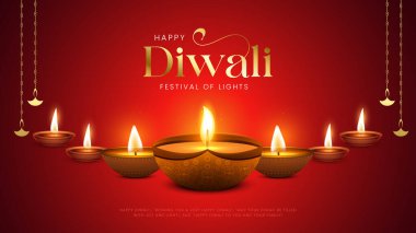 Mutlu bayramlar. Dekoratif diya lambasıyla renkli poster tasarımı festivali. Hint Işık Festivali Mutlu Diwali, Tatil Arkaplanı.