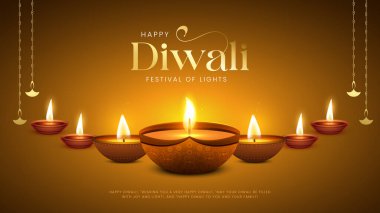Mutlu bayramlar. Dekoratif diya lambasıyla renkli poster tasarımı festivali. Hint Işık Festivali Mutlu Diwali, Tatil Arkaplanı.