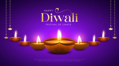 Mutlu bayramlar. Dekoratif diya lambasıyla renkli poster tasarımı festivali. Hint Işık Festivali Mutlu Diwali, Tatil Arkaplanı.