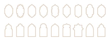 İslami Çerçeve, düğün davetiyesi demektir. Sanat deco tarzında altın geometrik çerçeveler. Davetiye dekorasyonu için ince çizgi oval ve dikdörtgen ayarlandı.
