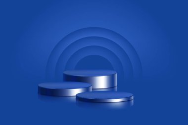 Silindir podyumlu gerçekçi 3D arka plan. Siyah, kırmızı, beyaz parlayan ışık yarı daire katmanları. Soyut minimal sahne modeli ya da soyut ürün sunumu, sahne gösterisi.