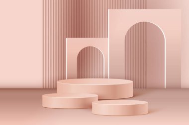 Silindir podyumlu gerçekçi 3D arka plan. Siyah, kırmızı, beyaz parlayan ışık yarı daire katmanları. Soyut minimal sahne modeli ya da soyut ürün sunumu, sahne gösterisi.