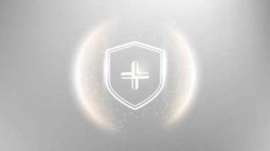 Korunma. Sağlık hizmetleri. Sigortacılık. Mavi arkaplanda altıgen desenli şeffaf küre kalkanı içinde İşaretleme simgesi olan koruma kalkanı. 