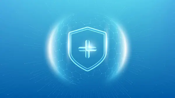 Korunma. Sağlık hizmetleri. Sigortacılık. Mavi arkaplanda altıgen desenli şeffaf küre kalkanı içinde İşaretleme simgesi olan koruma kalkanı. 