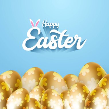 Mutlu Paskalya bayrağı, poster, tebrik kartı. Tipografisi olan moda Paskalya tasarımı, tavşancık. Paskalya posteri ve paskalya yumurtalarıyla birlikte afiş şablonu. Tatil sosyal medya afişi şablon tasarımı.