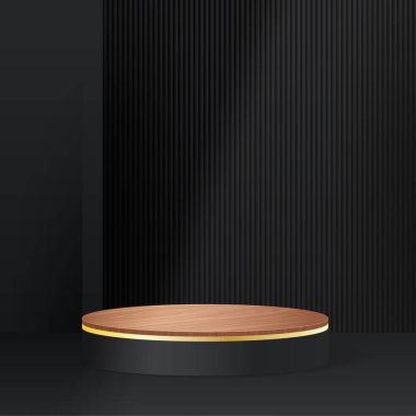 Ahşap podyum sahneleri ve ahşap kaplamalı, yuvarlak ve kare şeklinde altın kaplamalı ürün vitrinleri. Soyut asgari sahne. Tahta tabanlı minimal podyum.
