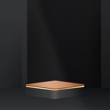 Ahşap podyum sahneleri ve ahşap kaplamalı, yuvarlak ve kare şeklinde altın kaplamalı ürün vitrinleri. Soyut asgari sahne. Tahta tabanlı minimal podyum.