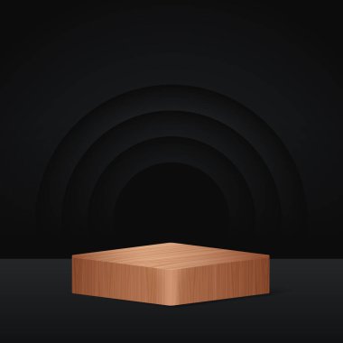 Ahşap podyum sahneleri ve ahşap kaplamalı, yuvarlak ve kare şeklinde altın kaplamalı ürün vitrinleri. Soyut asgari sahne. Tahta tabanlı minimal podyum.
