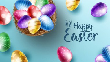 Mutlu Paskalya bayrağı, poster, tebrik kartı. Tipografisi olan moda Paskalya tasarımı, tavşancık. Paskalya posteri ve paskalya yumurtalarıyla birlikte afiş şablonu. Tatil sosyal medya afişi şablon tasarımı.