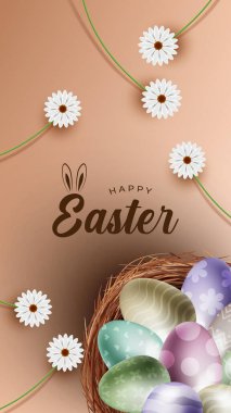 Mutlu Paskalya bayrağı, poster, tebrik kartı. Tipografisi olan moda Paskalya tasarımı, tavşancık. Paskalya posteri ve paskalya yumurtalarıyla birlikte afiş şablonu. Tatil sosyal medya afişi şablon tasarımı.