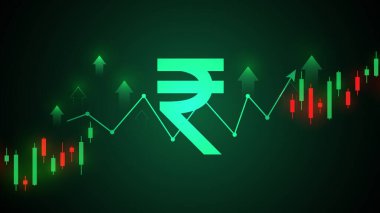 Hindistan Rupisi değer artışı, grafik ve yeşil arkaplan ile. Rupi artışı vektör illüstrasyon seti. Hindistan Rupisi fiyat artışı simgesi