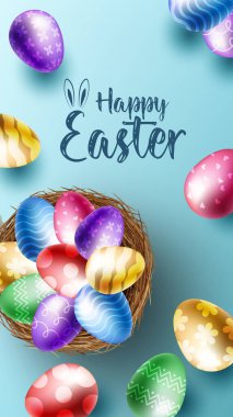 Mutlu Paskalya bayrağı, poster, tebrik kartı. Tipografisi olan moda Paskalya tasarımı, tavşancık. Paskalya posteri ve paskalya yumurtalarıyla birlikte afiş şablonu. Tatil sosyal medya afişi şablon tasarımı.