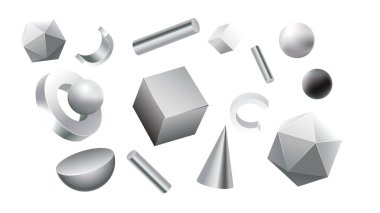 Metal parlak, gerçekçi ilkel şeyler. Küre, piramit, gölgeli torus. Moda tasarımı için soyut dekoratif vektör