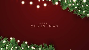 Noel dekorasyon sınırında köknar dalları ve Noel ışıkları arka planda. Parlak Noel ve Yeni Yıl tasarımı tatil çerçevesi. Yeşil ve altın köknar dalları, altın ışıklar vektör illüstrasyonu.