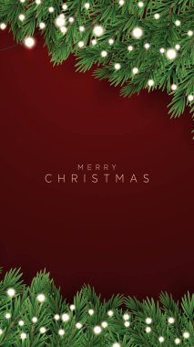 Noel dekorasyon sınırında köknar dalları ve Noel ışıkları arka planda. Parlak Noel ve Yeni Yıl tasarımı tatil çerçevesi. Yeşil ve altın köknar dalları, altın ışıklar vektör illüstrasyonu.