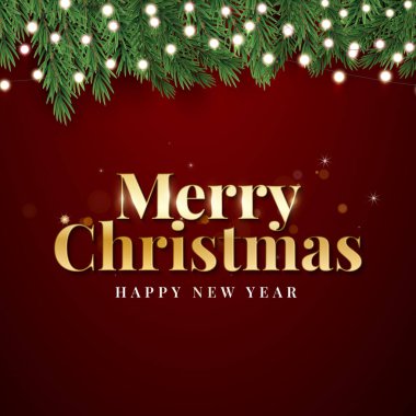 Noel dekorasyon sınırında köknar dalları ve Noel ışıkları arka planda. Parlak Noel ve Yeni Yıl tasarımı tatil çerçevesi. Yeşil ve altın köknar dalları, altın ışıklar vektör illüstrasyonu.