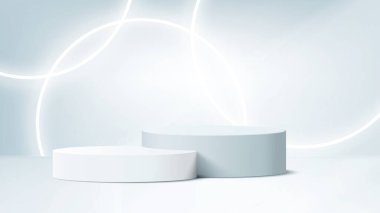 Soyut asgari sahne. Yumuşak malzeme tabanlı minimal podyum. Yumuşak podyum sahneleri ve kapakları yuvarlak ve kare şeklinde altın kaplamalı ürün sergi platformu. 