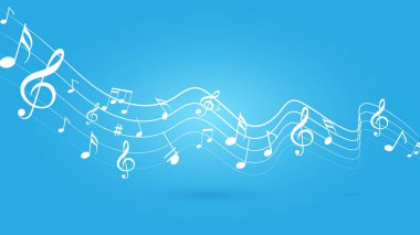 Bokeh afişi ve poster tasarımı içeren renkli notalar. Müzik notaları. Soyut Müzik Notaları ve Dalgalı Arkaplan.