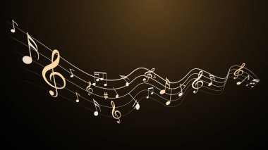 Bokeh afişi ve poster tasarımı içeren renkli notalar. Müzik notaları. Soyut Müzik Notaları ve Dalgalı Arkaplan.