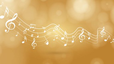 Bokeh afişi ve poster tasarımı içeren renkli notalar. Müzik notaları. Soyut Müzik Notaları ve Dalgalı Arkaplan.