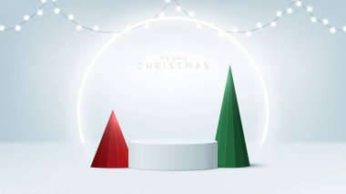 Yumuşak bir zeminde gerçekçi bir 3 boyutlu Noel podyumu. Noel ağacı, geyik, yıldız ve süs sahnede. Ürün sergisi, modeller, galeriler ve vitrinler için mükemmel. Vektör illüstrasyonu