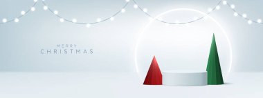 Yumuşak bir zeminde gerçekçi bir 3 boyutlu Noel podyumu. Noel ağacı, geyik, yıldız ve süs sahnede. Ürün sergisi, modeller, galeriler ve vitrinler için mükemmel. Vektör illüstrasyonu