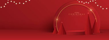 Yumuşak bir zeminde gerçekçi bir 3 boyutlu Noel podyumu. Noel ağacı, geyik, yıldız ve süs sahnede. Ürün sergisi, modeller, galeriler ve vitrinler için mükemmel. Vektör illüstrasyonu