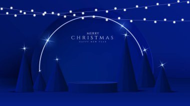 Yumuşak bir zeminde gerçekçi bir 3 boyutlu Noel podyumu. Noel ağacı, geyik, yıldız ve süs sahnede. Ürün sergisi, modeller, galeriler ve vitrinler için mükemmel. Vektör illüstrasyonu
