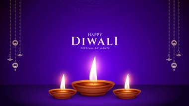 Mutlu bayramlar. Dekoratif diya lambasıyla renkli poster tasarımı festivali. Hint Işık Festivali Mutlu Diwali, Tatil Arkaplanı.