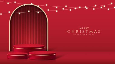 Yumuşak bir zeminde gerçekçi bir 3 boyutlu Noel podyumu. Noel ağacı, geyik, yıldız ve süs sahnede. Ürün sergisi, modeller, galeriler ve vitrinler için mükemmel. Vektör illüstrasyonu