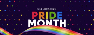 Gökkuşağı Gradyan Kurdeleli Gurur Ayı Afişi. Gurur Ayı Web Afişi Tasarımı Kutlaması. Gururlu Ay Metni ve Renkli Gökkuşağı ile Moda Gururu SancağıName.