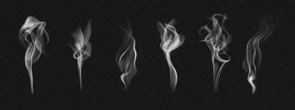 Su, çay, kahve, yemek üzerine dalgalı buhar seti. Şeffaf arkaplanda izole edilmiş gerçekçi sıcak duman simgeleri