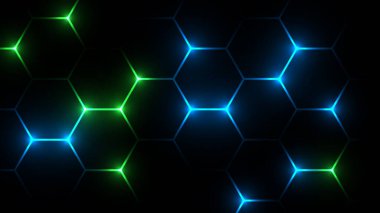 Soyut arka plan oynanıyor. Hexagon teknolojisi fütüristik karanlık vektör soyut arka plan mavi ve pembe renkli parlak flaşlı altıgen. 
