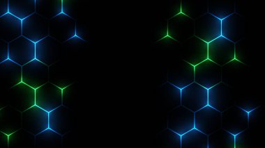 Soyut arka plan oynanıyor. Hexagon teknolojisi fütüristik karanlık vektör soyut arka plan mavi ve pembe renkli parlak flaşlı altıgen. 