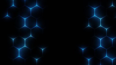 Soyut arka plan oynanıyor. Hexagon teknolojisi fütüristik karanlık vektör soyut arka plan mavi ve pembe renkli parlak flaşlı altıgen. 
