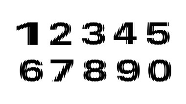 Hologram, siyah arkaplandaki çarpıtma numaralarını bozuyor. Vektör karikatür çizimi. 1 'den 10' a kadar cam ve kırılma etkisi olan sayılar. 