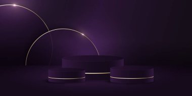 Soyut asgari sahne. Yumuşak malzeme tabanlı minimal podyum. Yumuşak podyum sahneleri ve kapakları yuvarlak ve kare şeklinde altın kaplamalı ürün sergi platformu. 