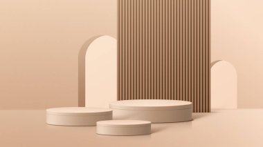 Soyut asgari sahne. Yumuşak malzeme tabanlı minimal podyum. Yumuşak podyum sahneleri ve kapakları yuvarlak ve kare şeklinde altın kaplamalı ürün sergi platformu. 