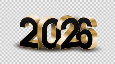 3D altın, beyaz ve siyah 2026 Şeffaf, beyaz ve siyah arkaplan vektör çizimi üzerine mutlu yeni yıl mektupları. 2026 3d metin vektörü 