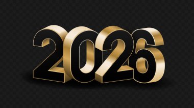 3D altın, beyaz ve siyah 2026 Şeffaf, beyaz ve siyah arkaplan vektör çizimi üzerine mutlu yeni yıl mektupları. 2026 3d metin vektörü 