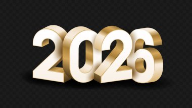 3D altın, beyaz ve siyah 2026 Şeffaf, beyaz ve siyah arkaplan vektör çizimi üzerine mutlu yeni yıl mektupları. 2026 3d metin vektörü 