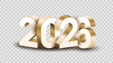 3D altın, beyaz ve siyah 2026 Şeffaf, beyaz ve siyah arkaplan vektör çizimi üzerine mutlu yeni yıl mektupları. 2026 3d metin vektörü 